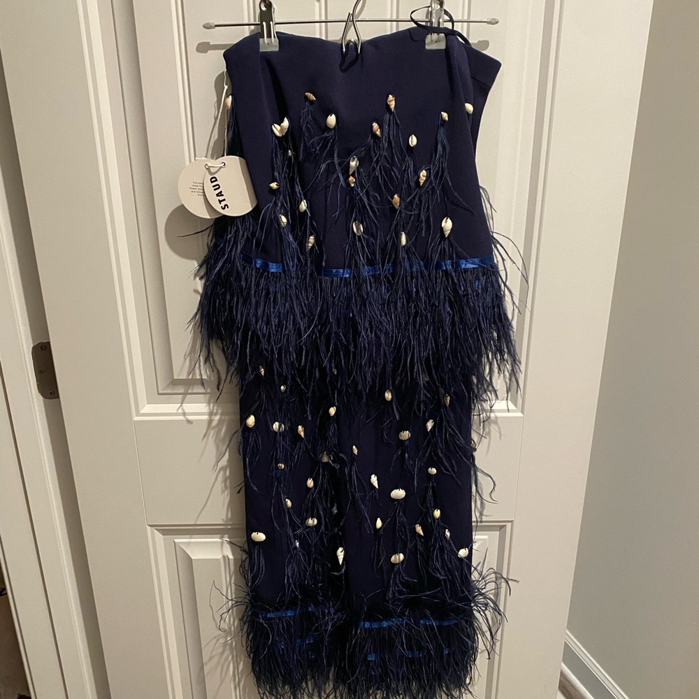 STAUD SET- Navy Strapless Dress with Feather and Shell Accents